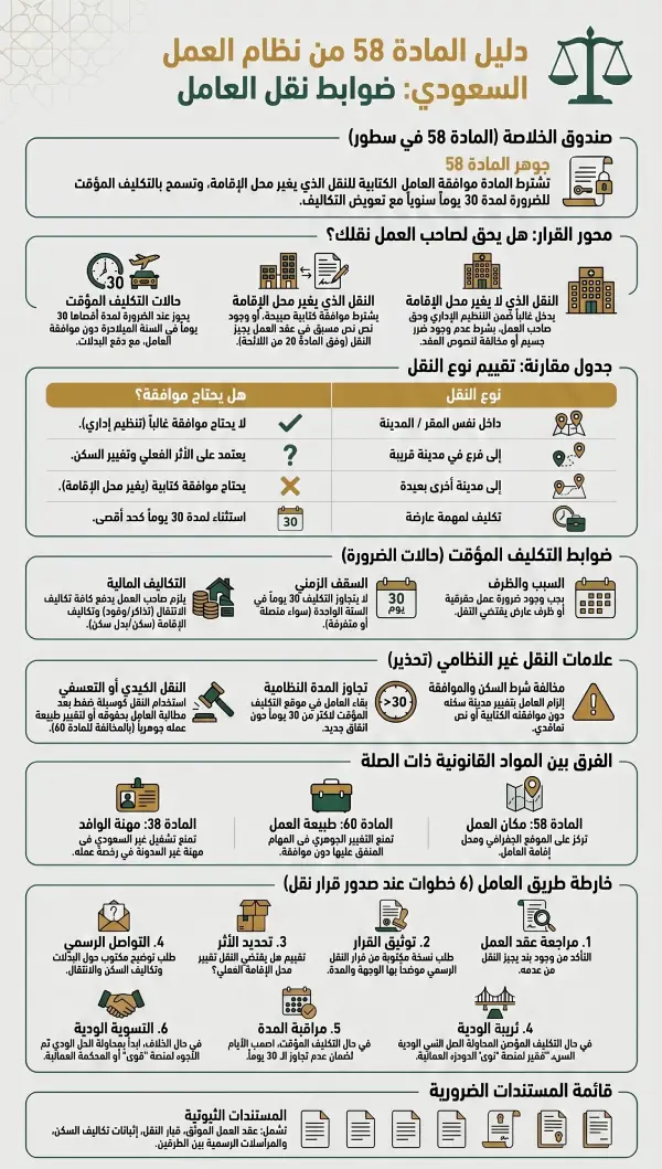 إنفوغرافيك دليل المادة 58 من نظام العمل السعودي