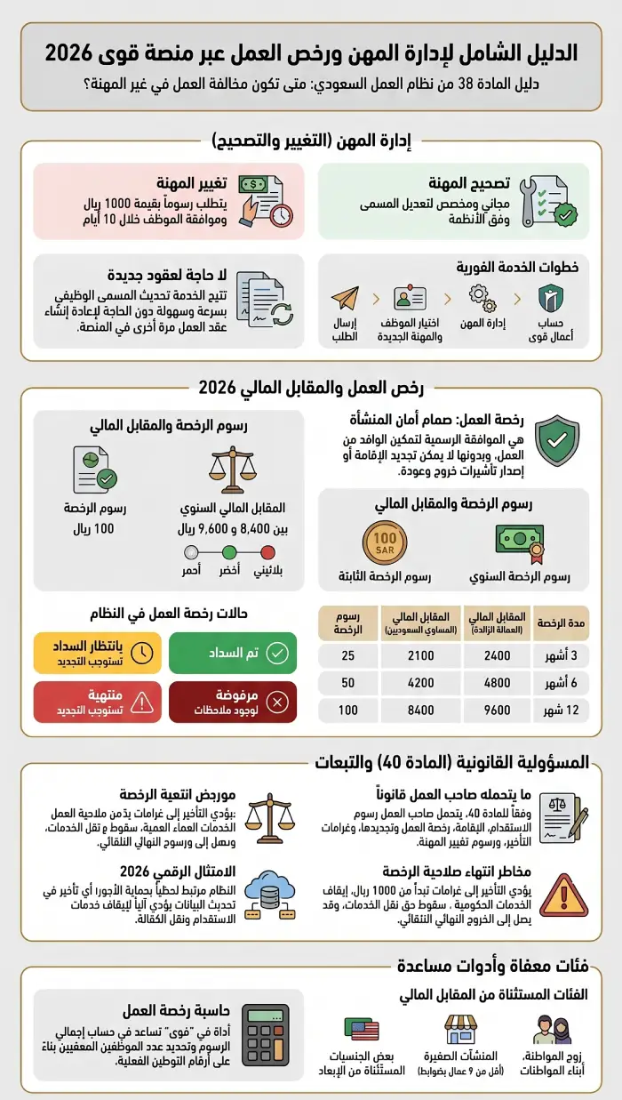 إنفوغرافيك الدليل الشامل لإدارة المهن ورخص العمل عبر منصة قوى 2026